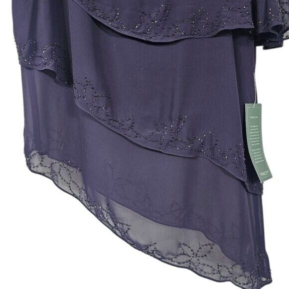 Coldwater Creek Purple Tiered Chiffon Boatneck Blouse Sz 14 Beaded Asymmetrical - Picture 3 of 11